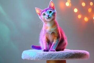 A colorful pet kitty cat with pink and purple fur poses adorably atop a soft cushion, ready for its portrait in a studio setting.