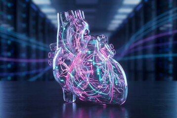 Transparent glass anatomical heart with glowing neon veins stands on dark surface for futuristic medical technology concept