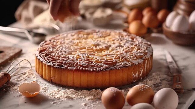 Baking process close up of decorated pie with ingredients and hand actions