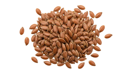 A pile of brown flaxseeds on transparent background