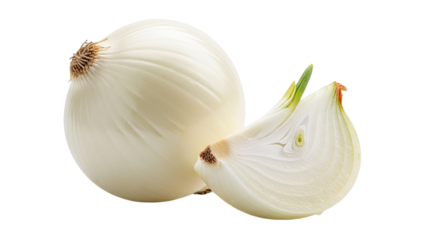 A whole onion and a sliced onion on transparent background