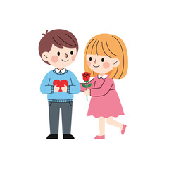 Fototapeta premium Cute Couple Exchanging Valentine's Day Gifts: Heart and Rose