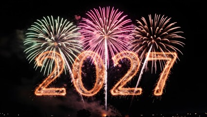 Texte lumineux « 2027 » entouré par des feux d'artifice colorés sur un fond nocturne noir spectaculaire | Bonne année 