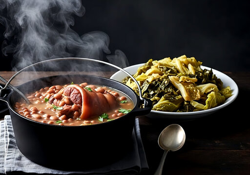 Appalachian-style soup beans and greens, steam rising from a cast-iron pot of pinto beans with a ham hock, served with a side of wilted cabbage cooked in potlikker 