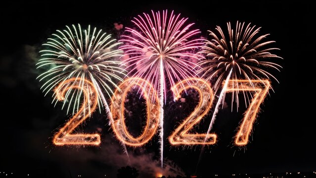 Texte lumineux &laquo; 2027 &raquo; entour&eacute; par des feux d'artifice color&eacute;s sur un fond nocturne noir spectaculaire | Bonne ann&eacute;e 