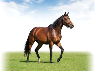 Obraz premium Brown Horse Running on Green Grass Field under Blue Sky