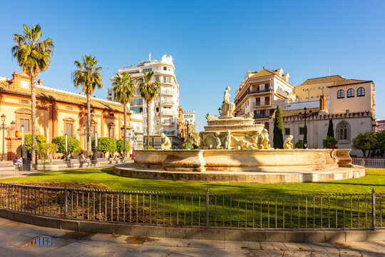 Hispalis fountain on Puerta de Jerez square, Seville, Spain