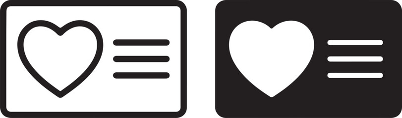 Pair of monochrome card icons featuring a heart and lines in both positive and negative variations