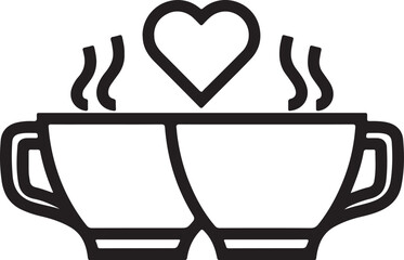 Two steaming coffee cups sitting closely together with a heart symbol floating above them