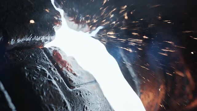 A bright stream of molten metal or slag pouring from a dark, textured industrial surface with sparks flying.