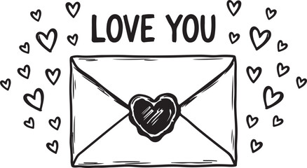A lovely hand drawn illustration of an envelope sealed with a heart with many small hearts around
