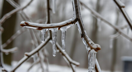 A close-up view of icicles forming on frozen tree branches in a winter landscape