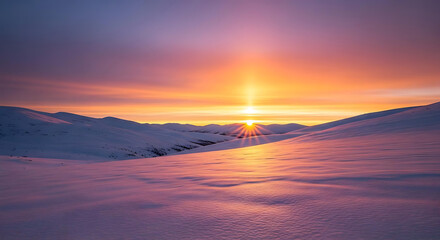 A serene snowy landscape at sunset with vibrant colors in the sky