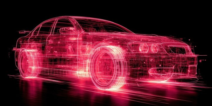 Red neon wireframe schematic of a sedan car on black for automotive engineering concepts.

 - Powered by Adobe