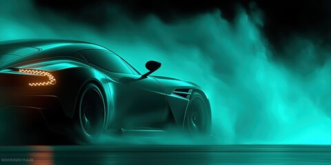 Sleek black sports car emerging from thick teal smoke on dark road.