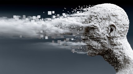 3D white human head profile disintegrating into pixel cubes and smoke.