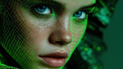 Extreme close up of a woman face overlaid with a green digital wireframe mesh.

