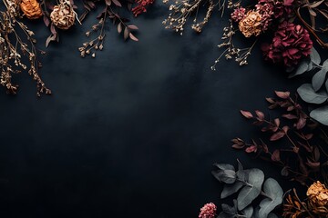 A dark academia-inspired flat lay features dried flowers and foliage scattered across a black surface, creating a moody, contemplative scene.