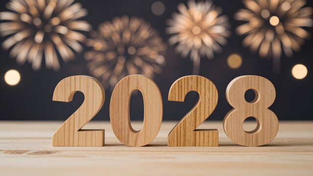 Wooden blocks spelling out 2028 on a light surface with golden bokeh lights resembling fireworks new year