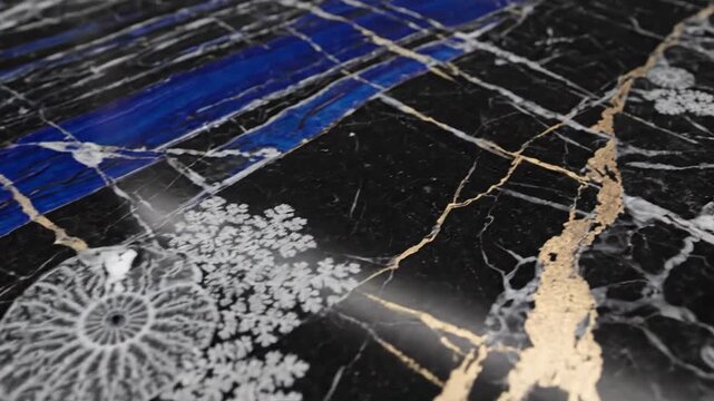 Polished black rock with blue streaks, crystalline clusters and spiral fossil