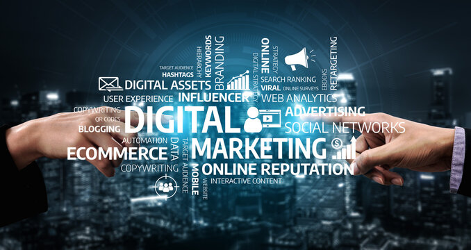 Hands come together symbolizing collaboration in digital marketing, showcasing essential concepts like branding, analytics, and social media for effective business growth. Tessel
