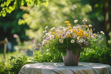 A delicate arrangement of wild field flowers brightens a table, set against the lush greenery of a summer garden, creating an idyllic atmosphere.