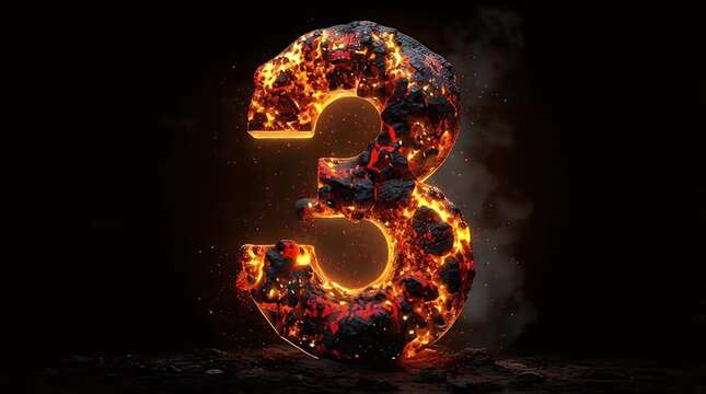 A fiery, glowing, metallic number three with lava-like effects on a dark background