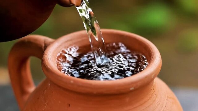 Water poured into a rustic clay pot, creating ripples