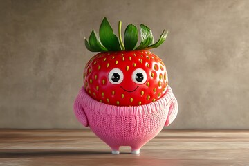 A delightful strawberry character depicted in a pink sweater humorously personifies food in a surreal and playful manner.