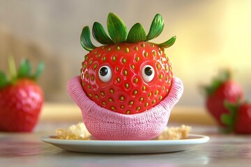 A delightful strawberry character depicted in a pink sweater humorously personifies food in a surreal and playful manner.