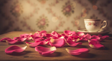 A delicate tea cup and saucer sit on a wooden table surrounded by scattered rose petals in a warm and cozy atmosphere.