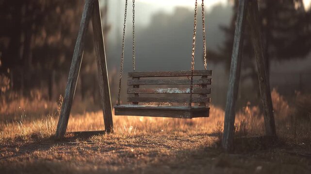 4K Empty wooden swing hanging outdoors in warm sunset light with blurry background video
