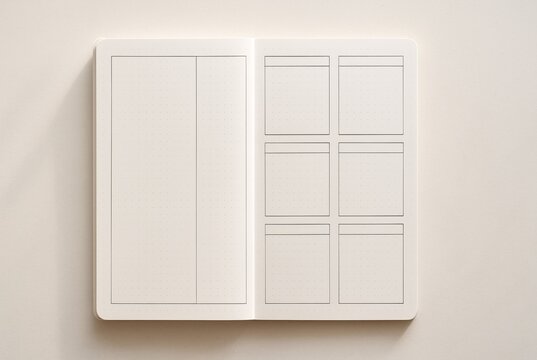 Minimal bullet journal spread featuring a weekly layout and dot grid on beige background. Perfect for planning, organizing, or digital mockups. - Powered by Adobe
