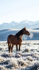 Brown Horse Standing in Frosty Field with Snowy Mountains