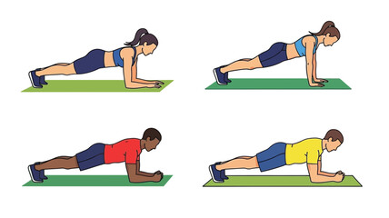 Illustration of diverse people performing the plank exercise for fitness training