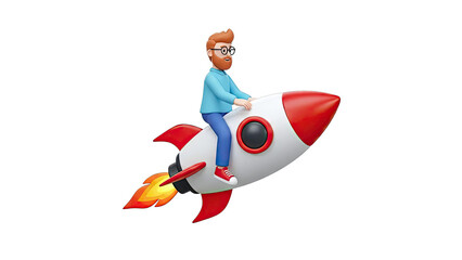 3D Cartoon Man Riding a Rocket