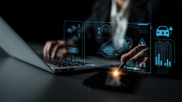 Technical layout of electric vehicle showing battery system, power control, traction motor, charging interface, and integration with renewable and smart energy sources Latch - Powered by Adobe