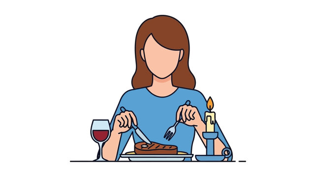 A woman enjoying a meal with steak wine and a lit candle