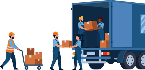 Team of workers unloading boxes from a delivery truck for distribution