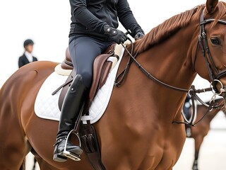 Female Equestrian Riding Brown Horse in Arena during Competition