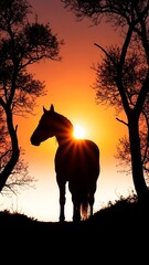 Horse Silhouette Standing between Trees at Sunset