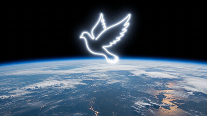 Dove-shaped light silhouette hovering above the planet Earth.
