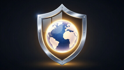 Shield icon protecting a glowing globe, global safety symbolism.