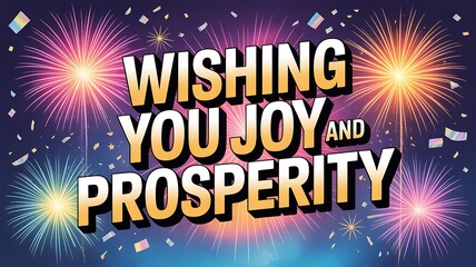 Festive greeting card wishing joy and prosperity with fireworks and confetti