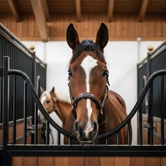 Brown Horse with White Blaze Standing in Stable Stall