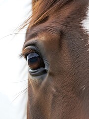 Brown Horse Eye Close-up on White Background