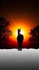 Silhouetted Goat Standing on Snowy Field during Sunset