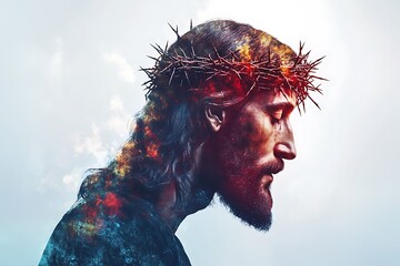 A double exposure art piece features Jesus Christ wearing a crown of thorns, symbolizing Passion, Resurrection, and contemplative spiritual themes.