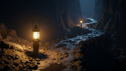 Lantern emitting warm light in dark space, guidance and prevention.