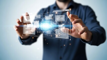 Business professional holding futuristic city hologram with digital network and innovation concept